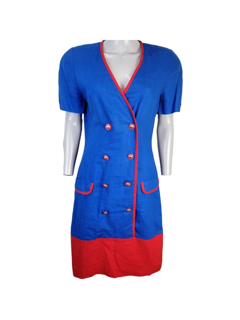 Vintage 80s David Warren Linen Midi Dress Women 6 Blue Red Button Formal Party S